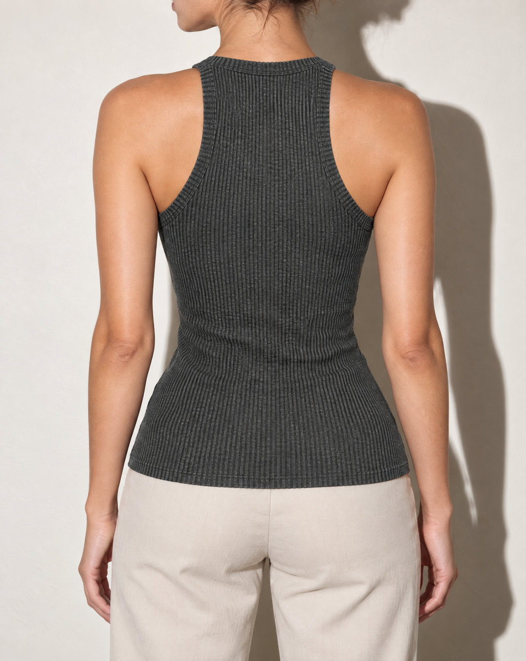 Noodle Rib Fabric Racerback Tank Top in BLACK 2 TONE — back view