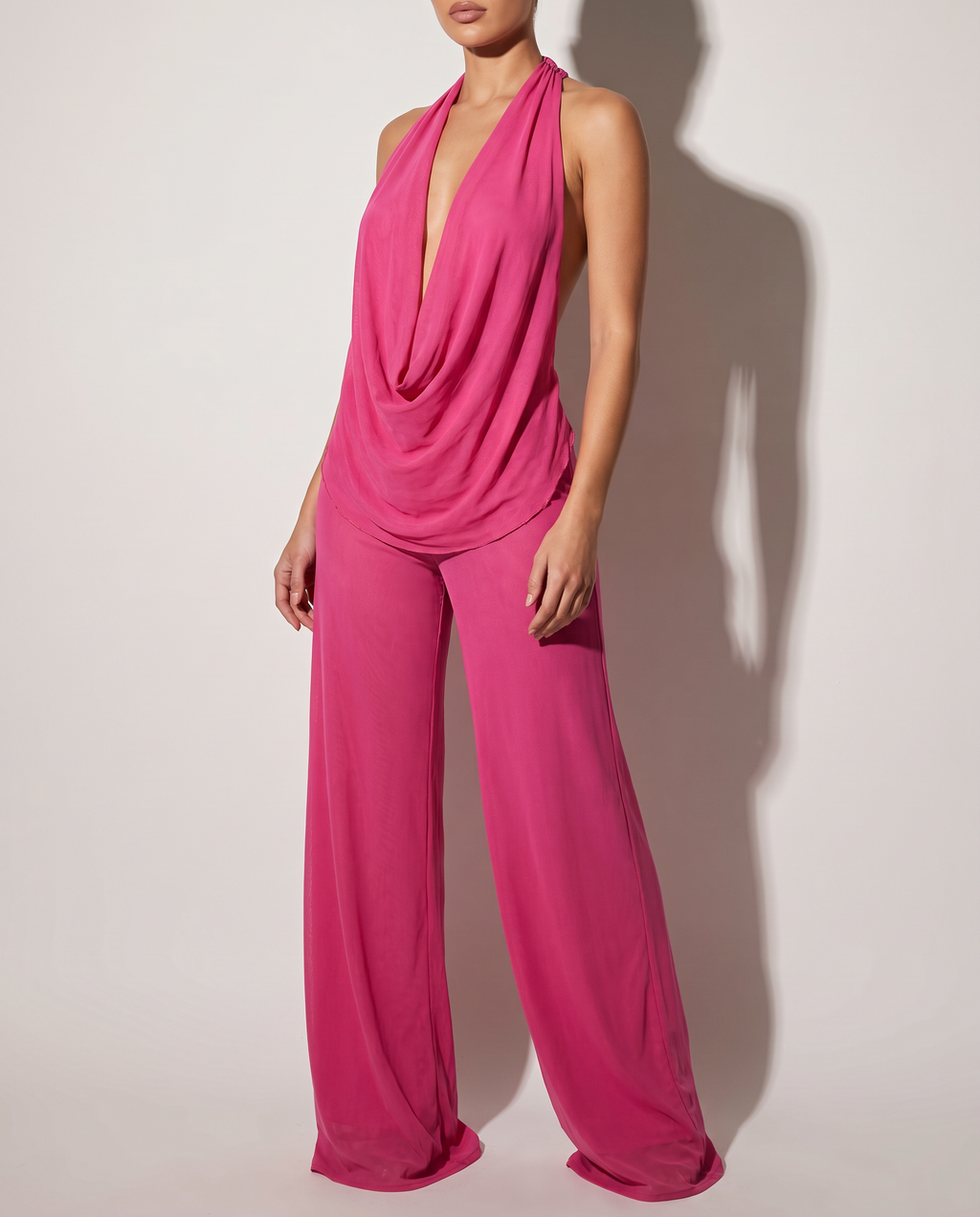 Deep Cowl Neck Sleeveless Top & Pants Set in HOT PINK — alternate front view