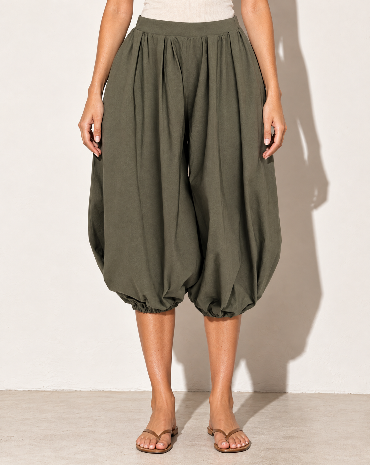 Wide Bubble Hem Capri Pants in Olive — front view
