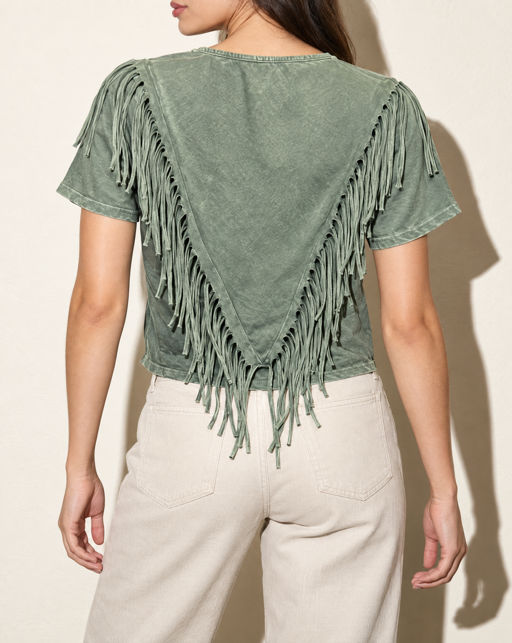 Fringe Detailed Top in Olive — back view