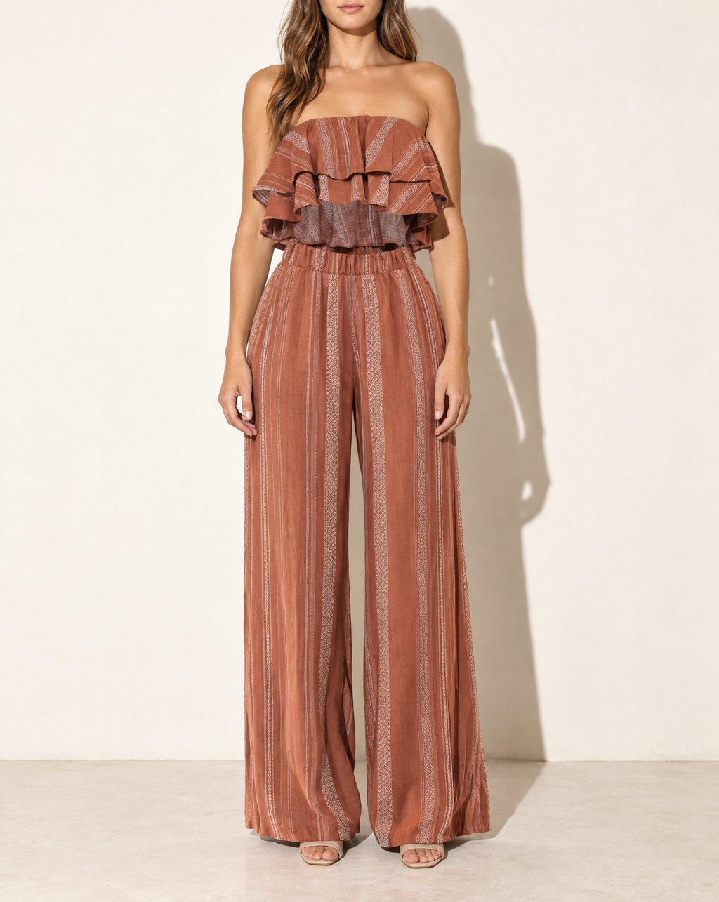 Ruffle Tube Top & Wide Leg Pants Set in BROWN COMBO — front view