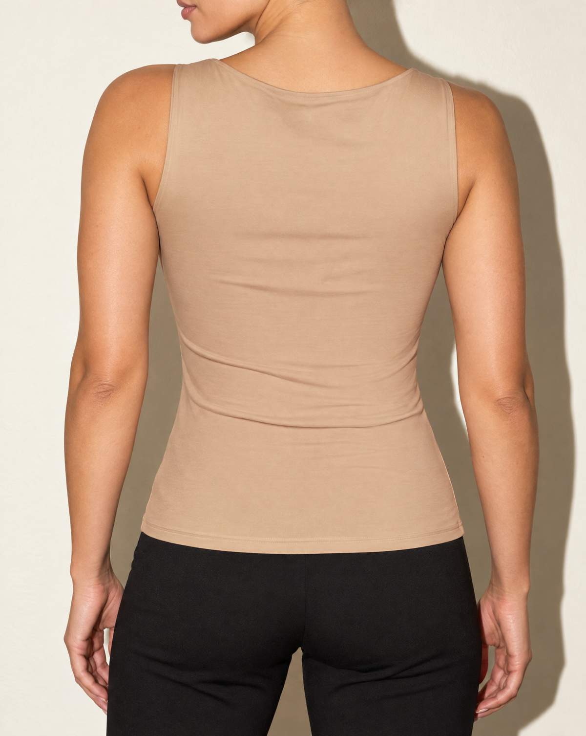 Scoop Neck Sleeveless Top in DUSTY TAUPE — back view