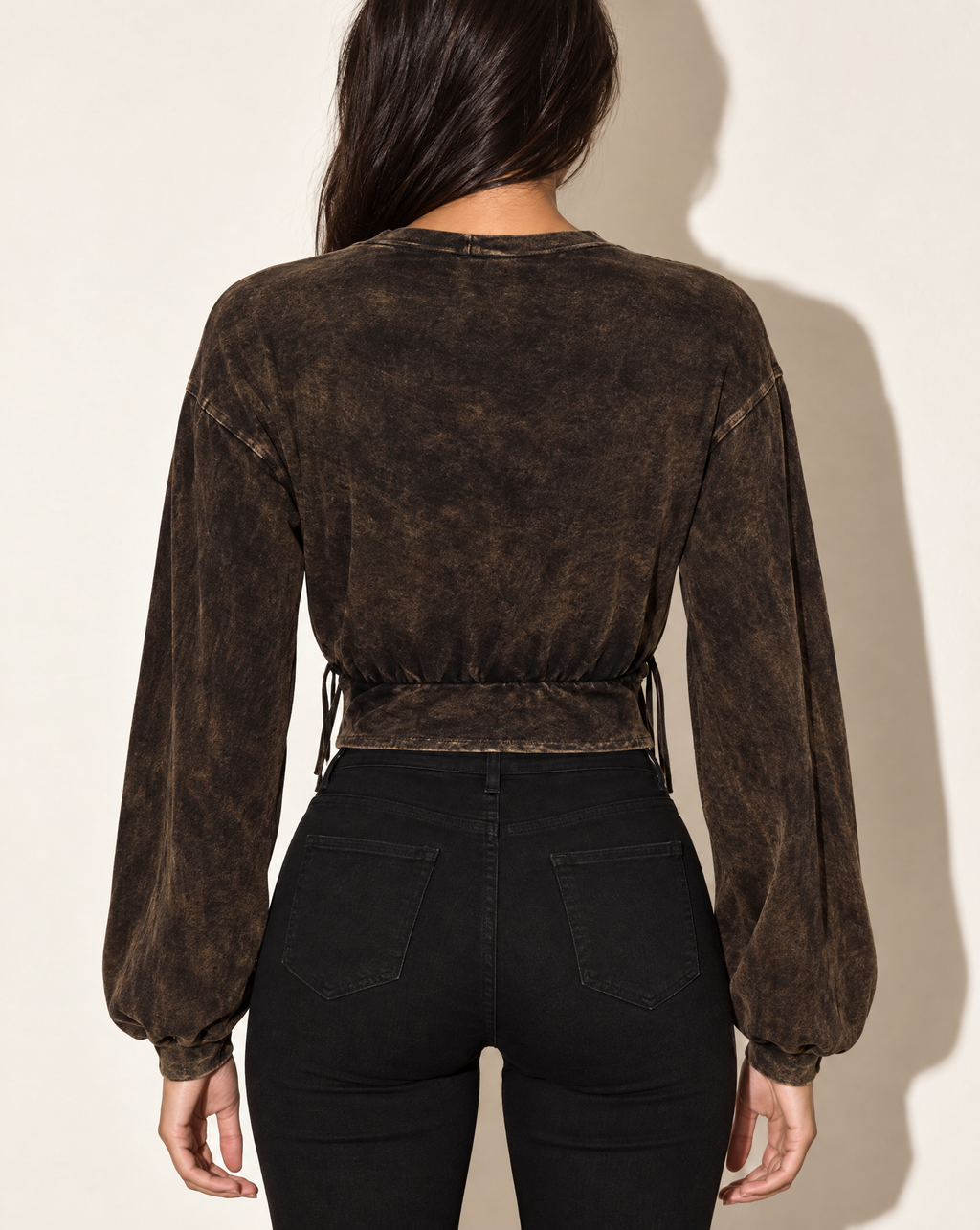 Washed Fringe Detailed Bubble Sleeve Top in DK MUSTARD — back view