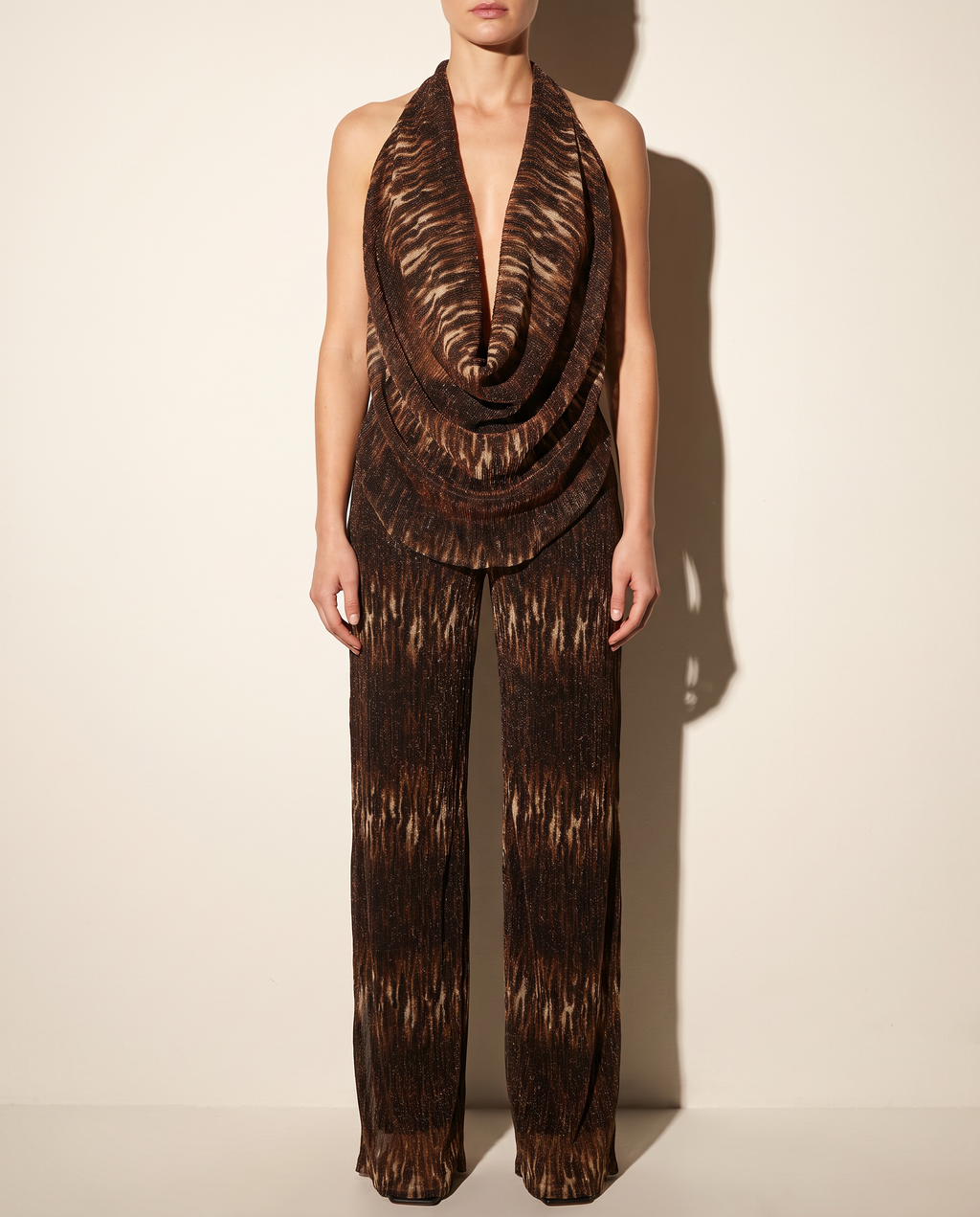 Deep Cowl Neck Sleeveless Top & Pants Set in BROWN COMBO — front view