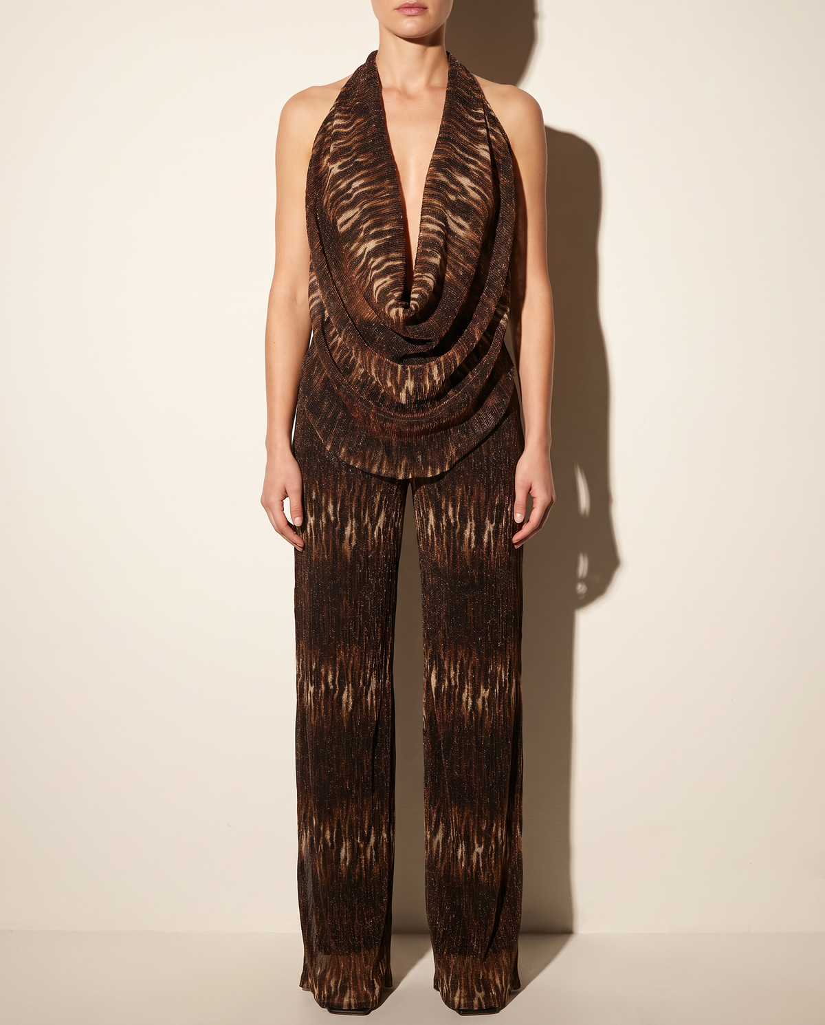 Deep Cowl Neck Sleeveless Top & Pants Set in BROWN COMBO — front view