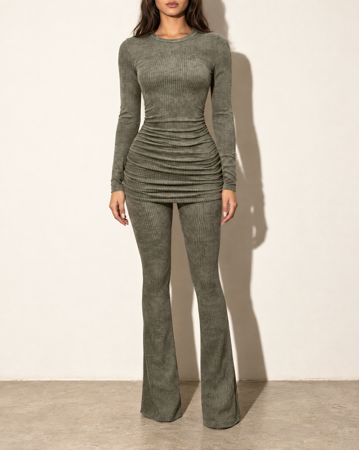 Washed Rib Round Neck Long Sleeve & Pants Set in Olive — front view