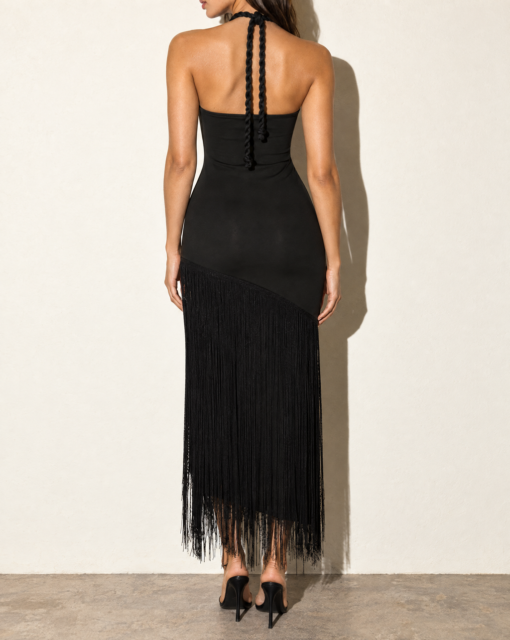Fringe Skirt Detailed Halter Dress in Black — back view