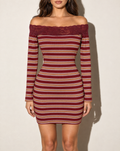Lace Detailed Off Shoulder Mini Dress in BURGUNDY COMBO — front view