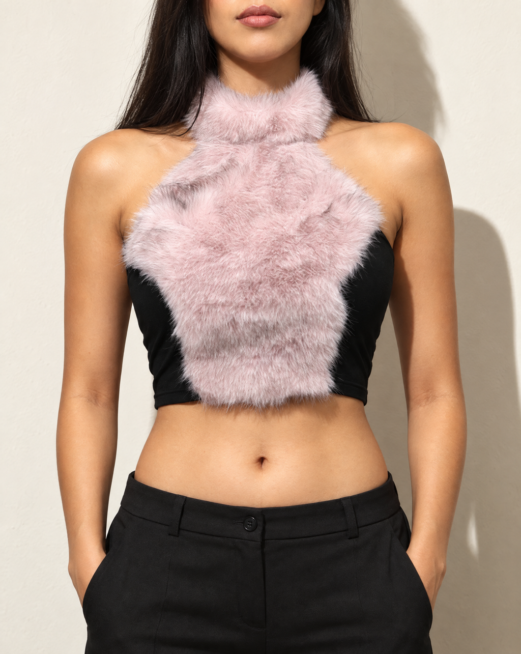 Fur Halter Open Back Crop Top in Mauve — front view