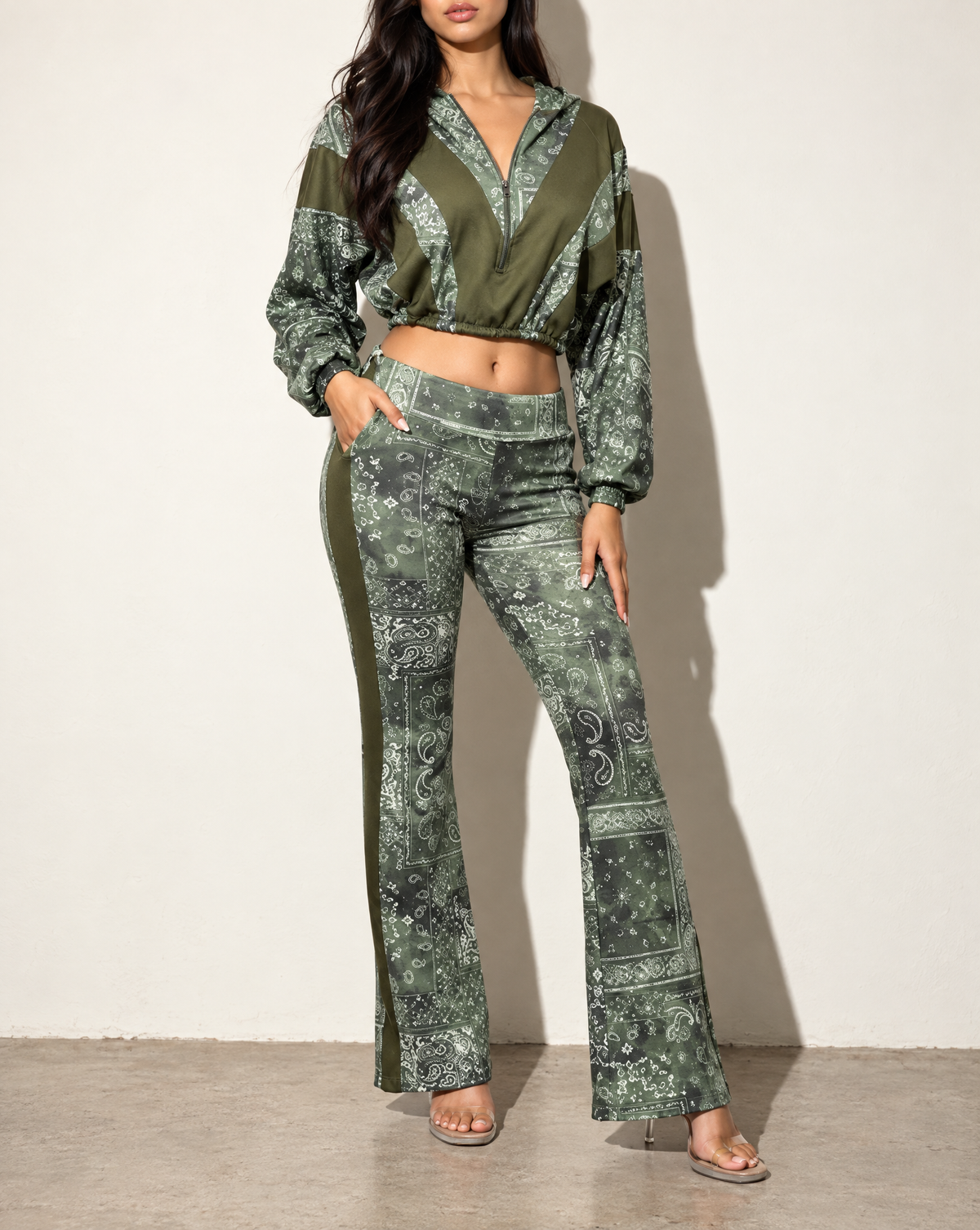 Batwing Hooded Top & Pants Set in OLIVE COMBO — alternate front view