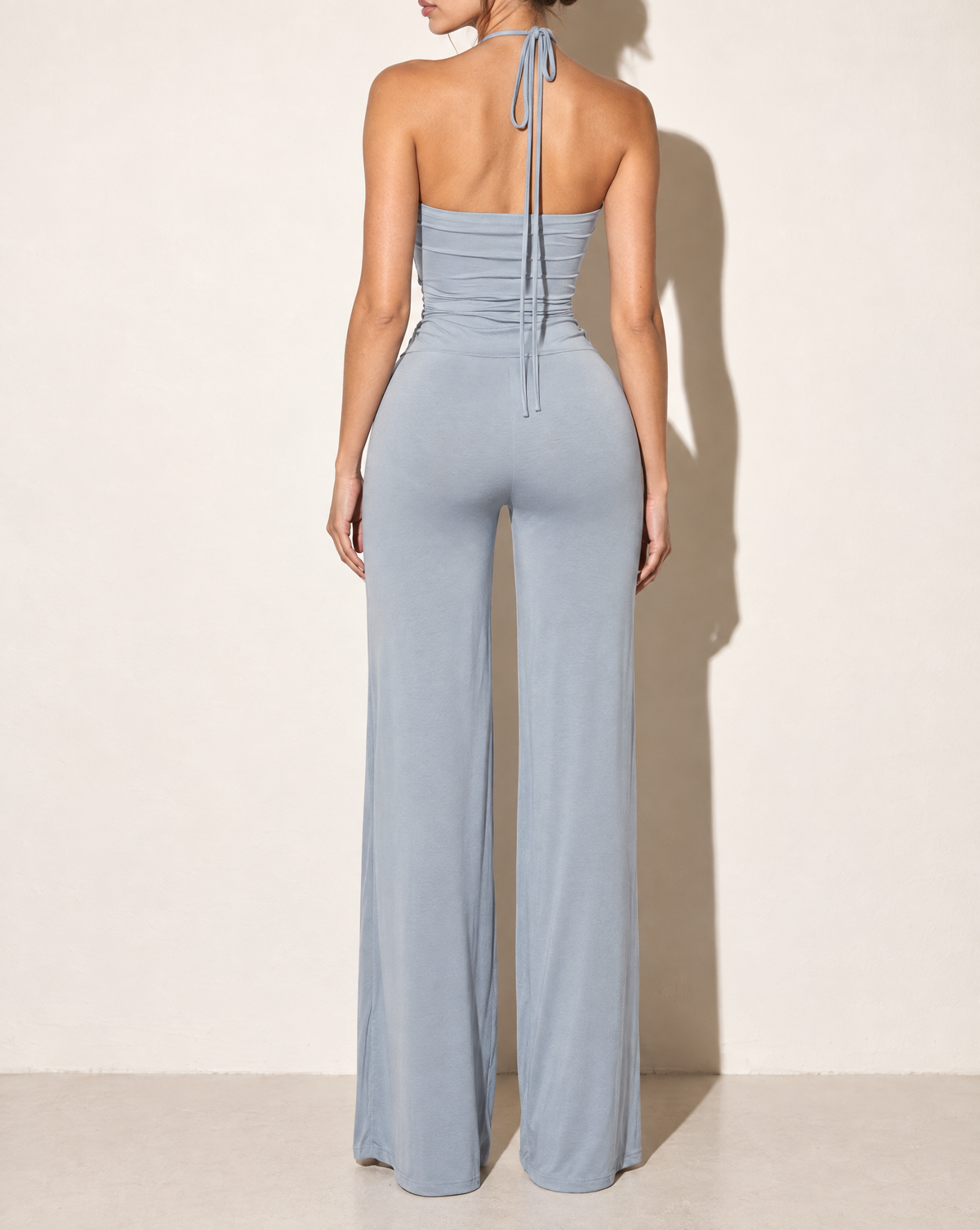 Strap Halter Neck Wide Leg Jumpsuit in CHAMBRAY — back view