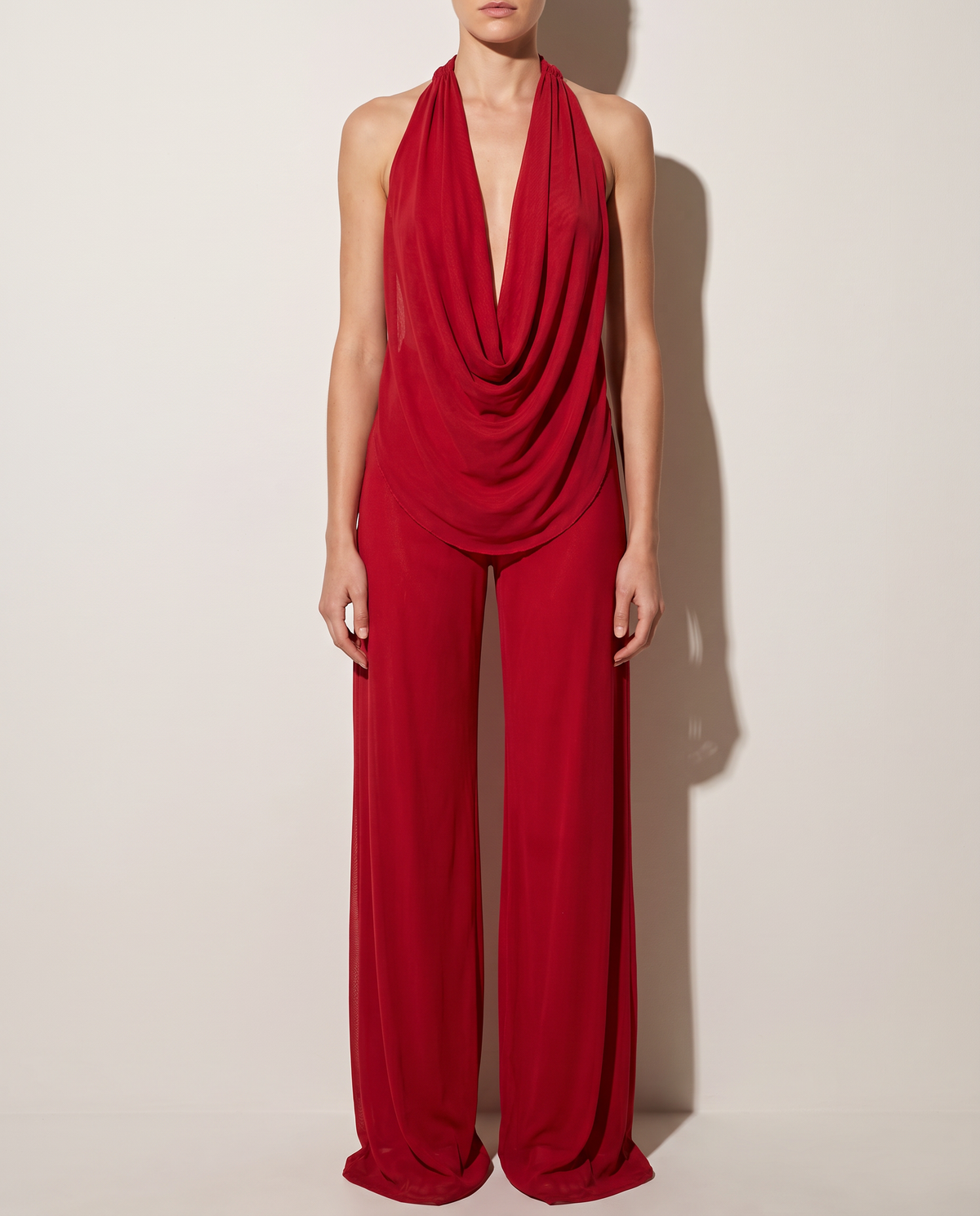 Deep Cowl Neck Sleeveless Top & Pants Set in Red — front view