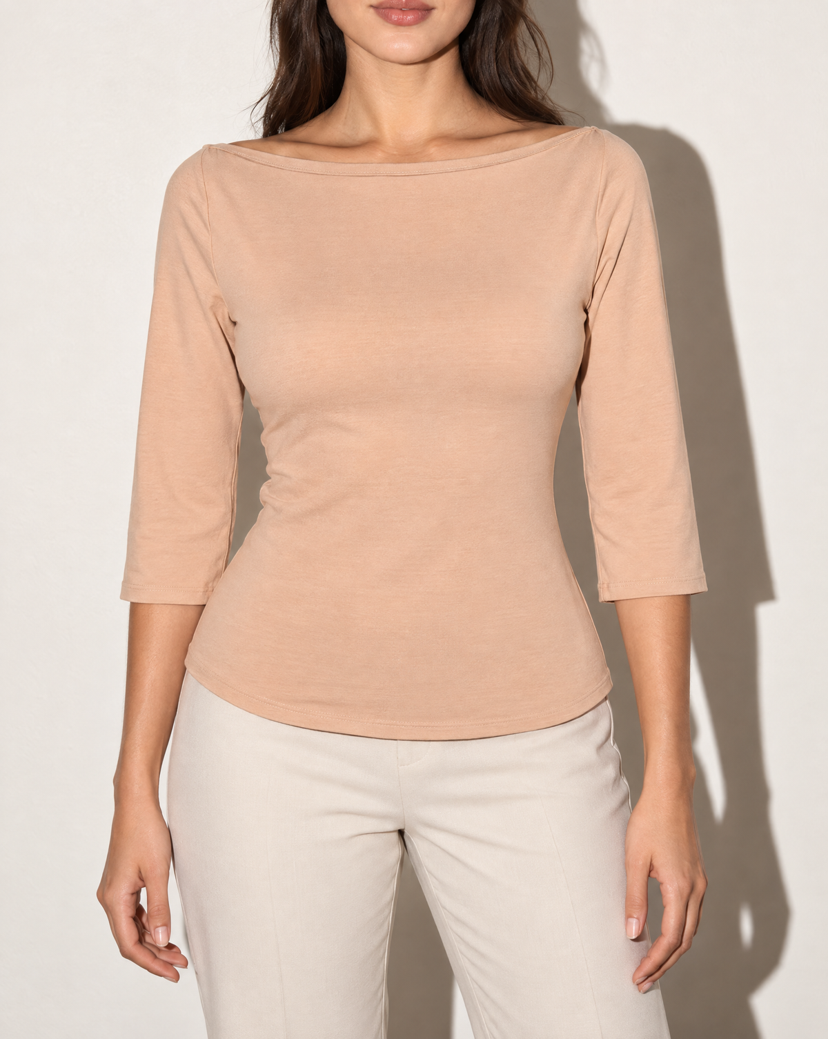 Boat Neck Three-Quarter Sleeve Top in LT MOCHA — front view