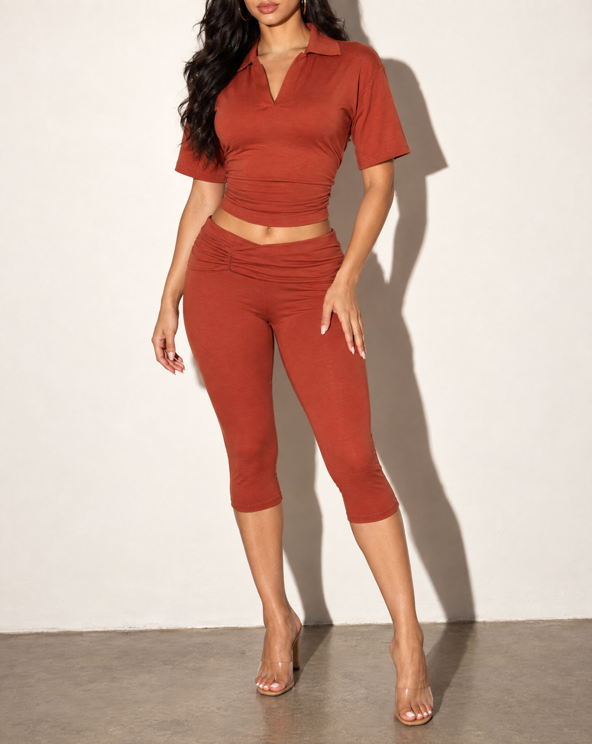 Collar Top & Capri Leggings Set in Rust — alternate front view
