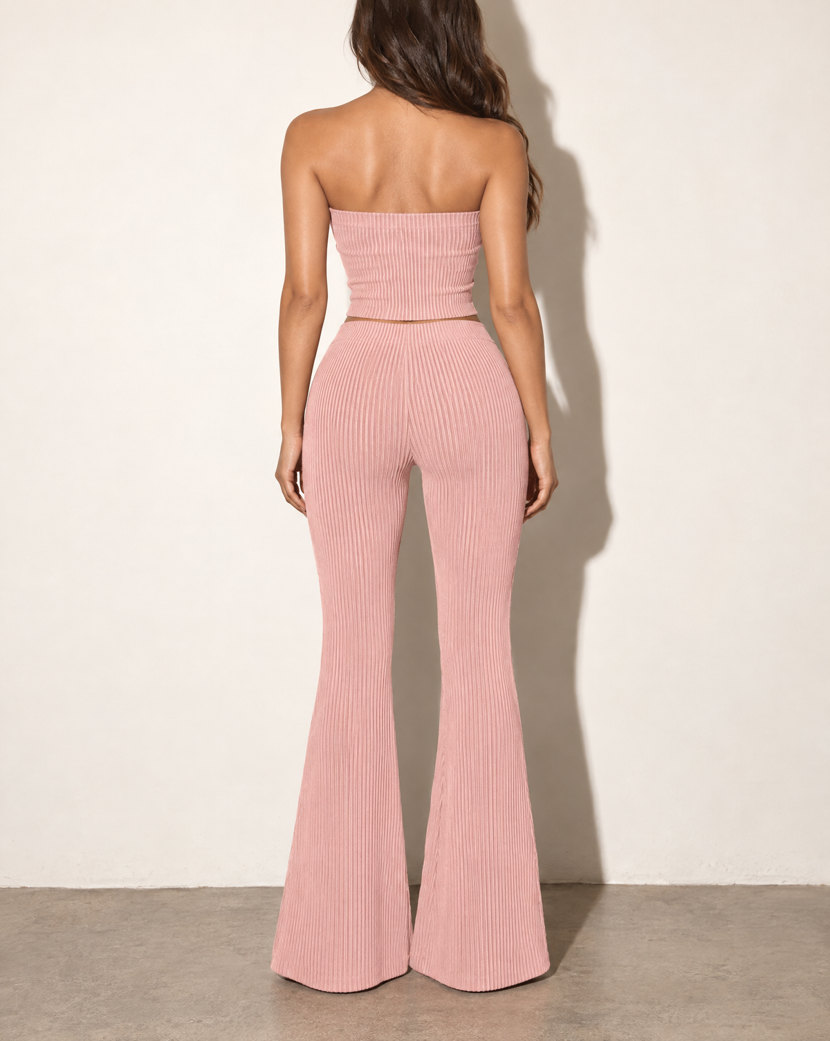 Rib Tube Top & Long Pants Set in Peach — back view