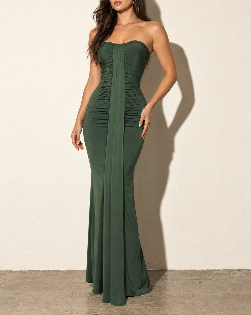 Drape Down Detailed Tube Maxi Dress in Olive — alternate front view