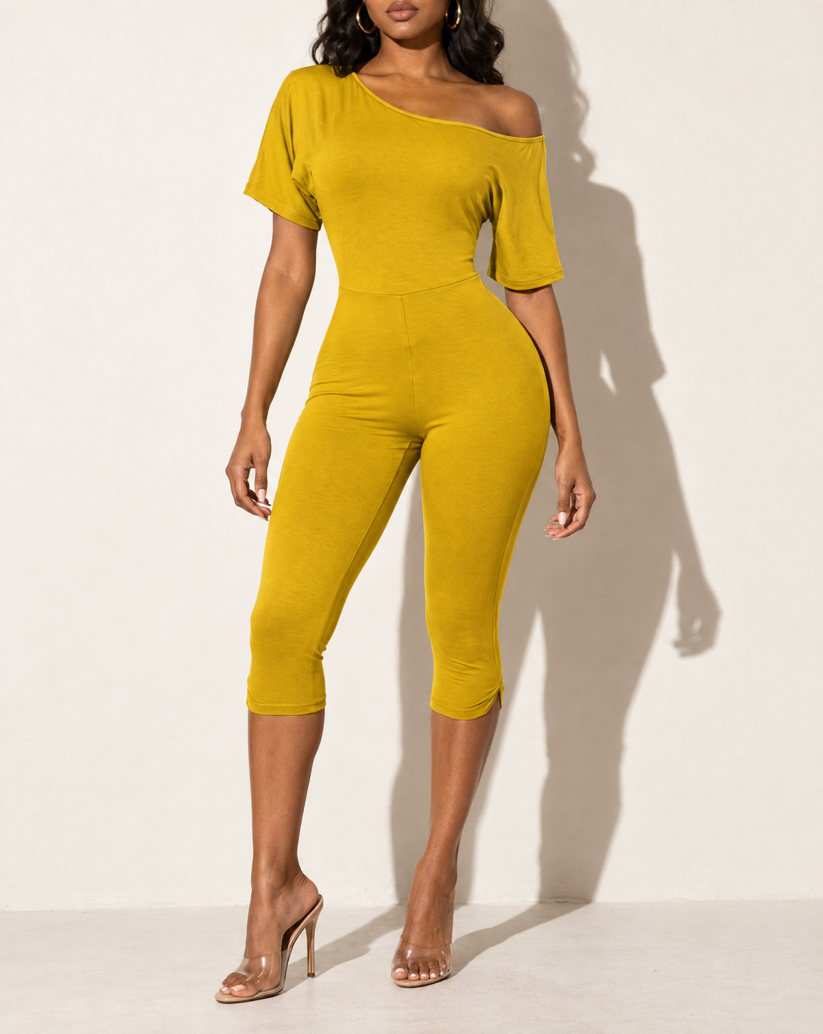 One Off Shoulder Capri Jumpsuit in Mustard — alternate front view