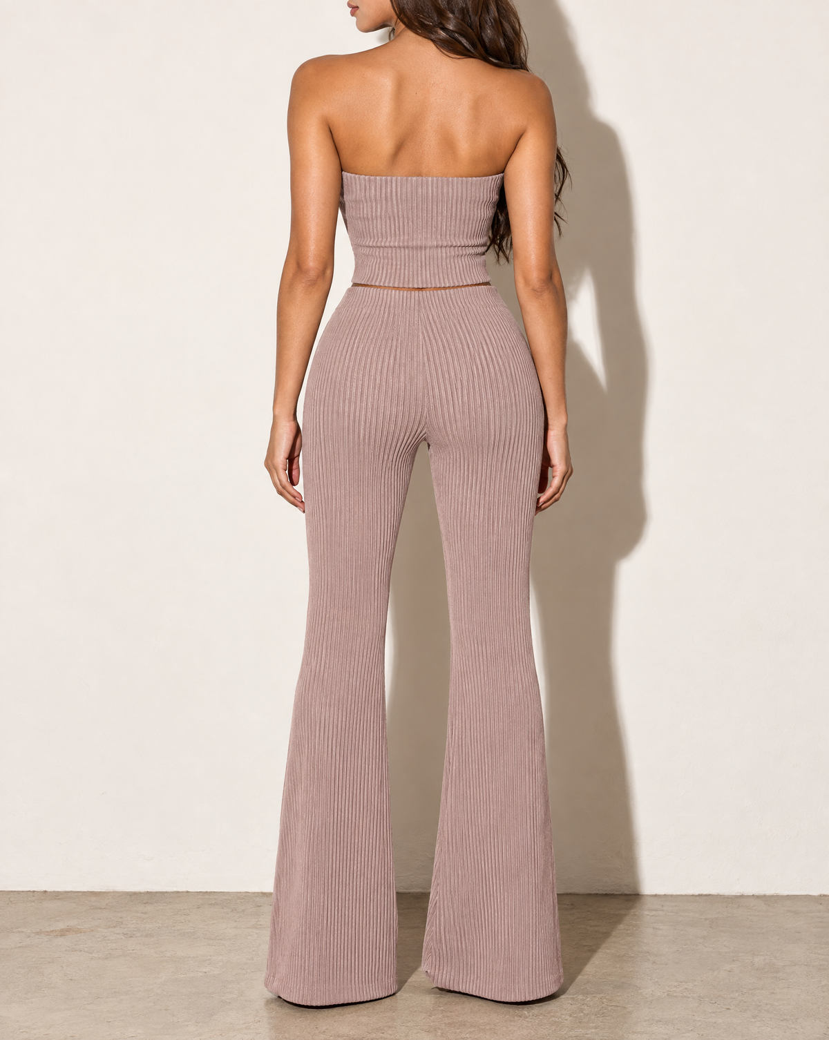 Rib Tube Top & Long Pants Set in Taupe — back view