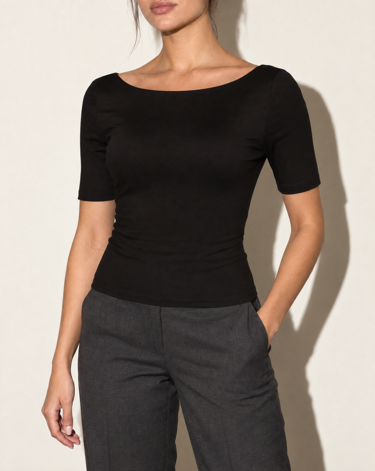 Short Sleeve Open Back Top in Black — alternate front view