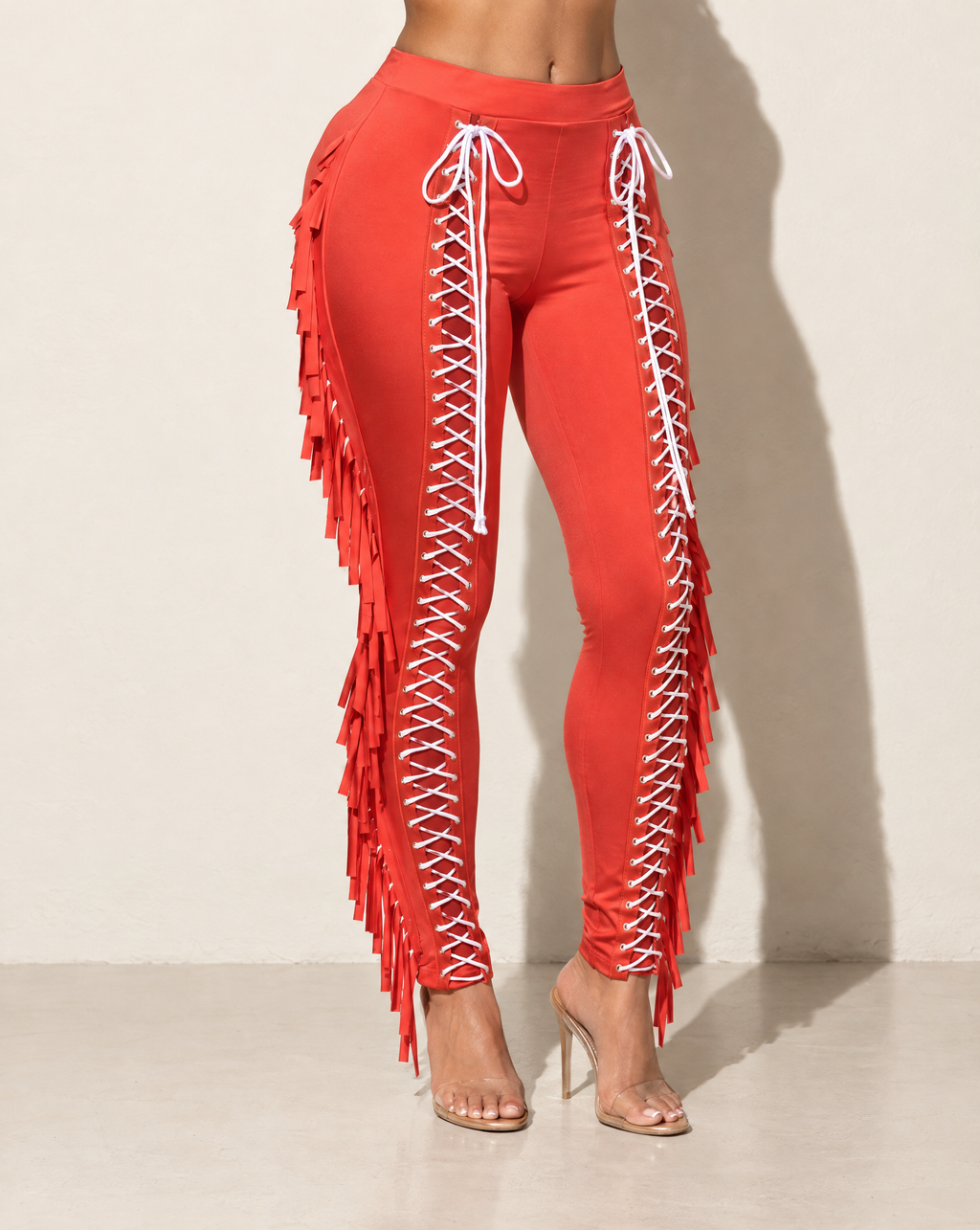 Lace Up Detailed Fringe Pants in Orange — alternate front view