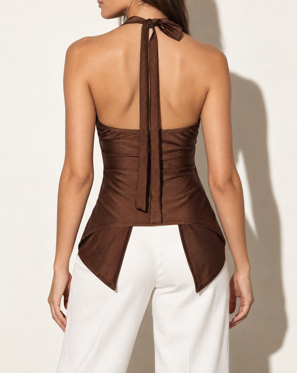 Nylon Halter Top With Knotted Front in Brown — back view