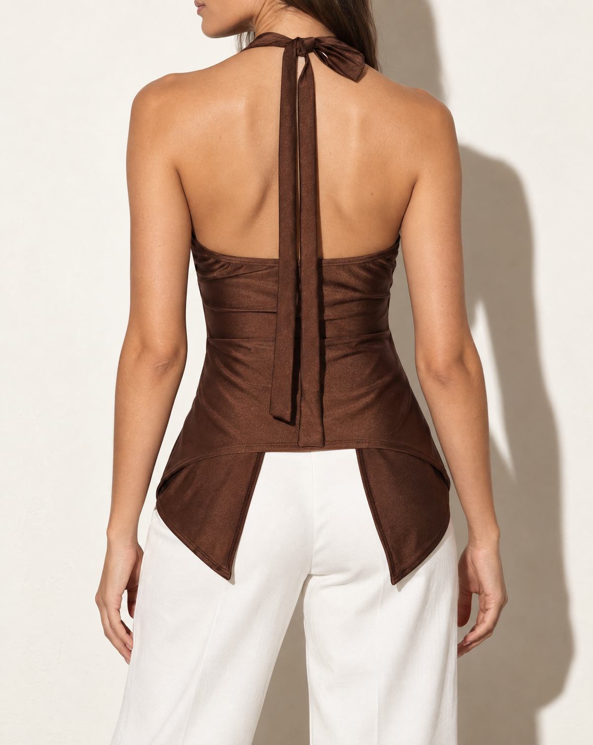 Nylon Halter Top With Knotted Front in Brown — back view