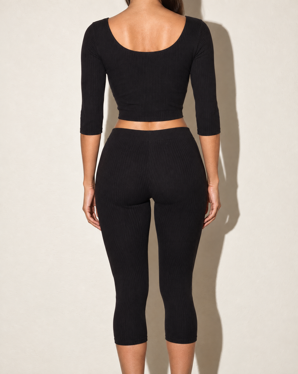 3/4 Sleeves Shoelace Closure Top & Capri Set in Black — back view