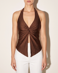 Nylon Halter Top With Knotted Front in Brown — front view