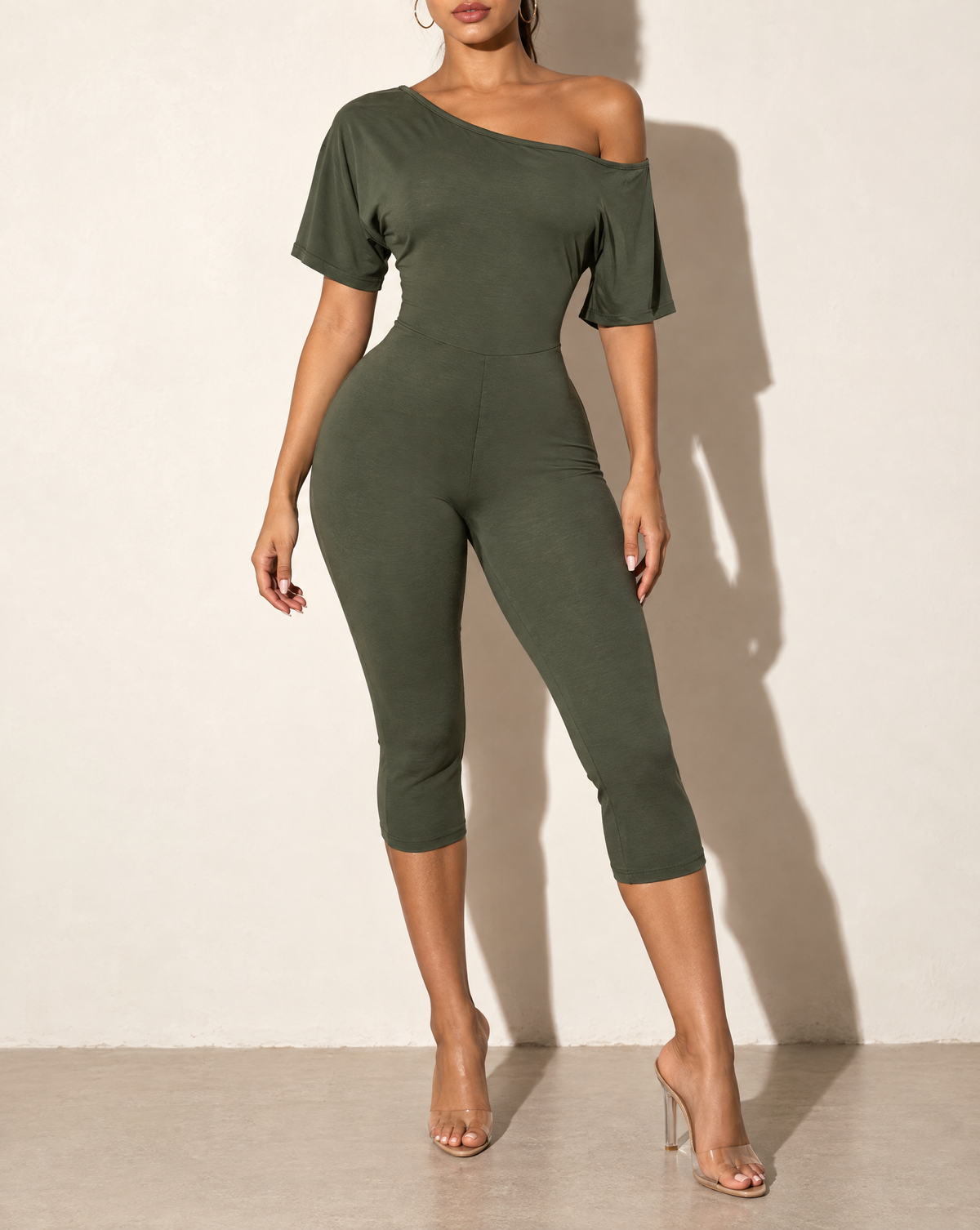 One Off Shoulder Capri Jumpsuit in Olive — alternate front view