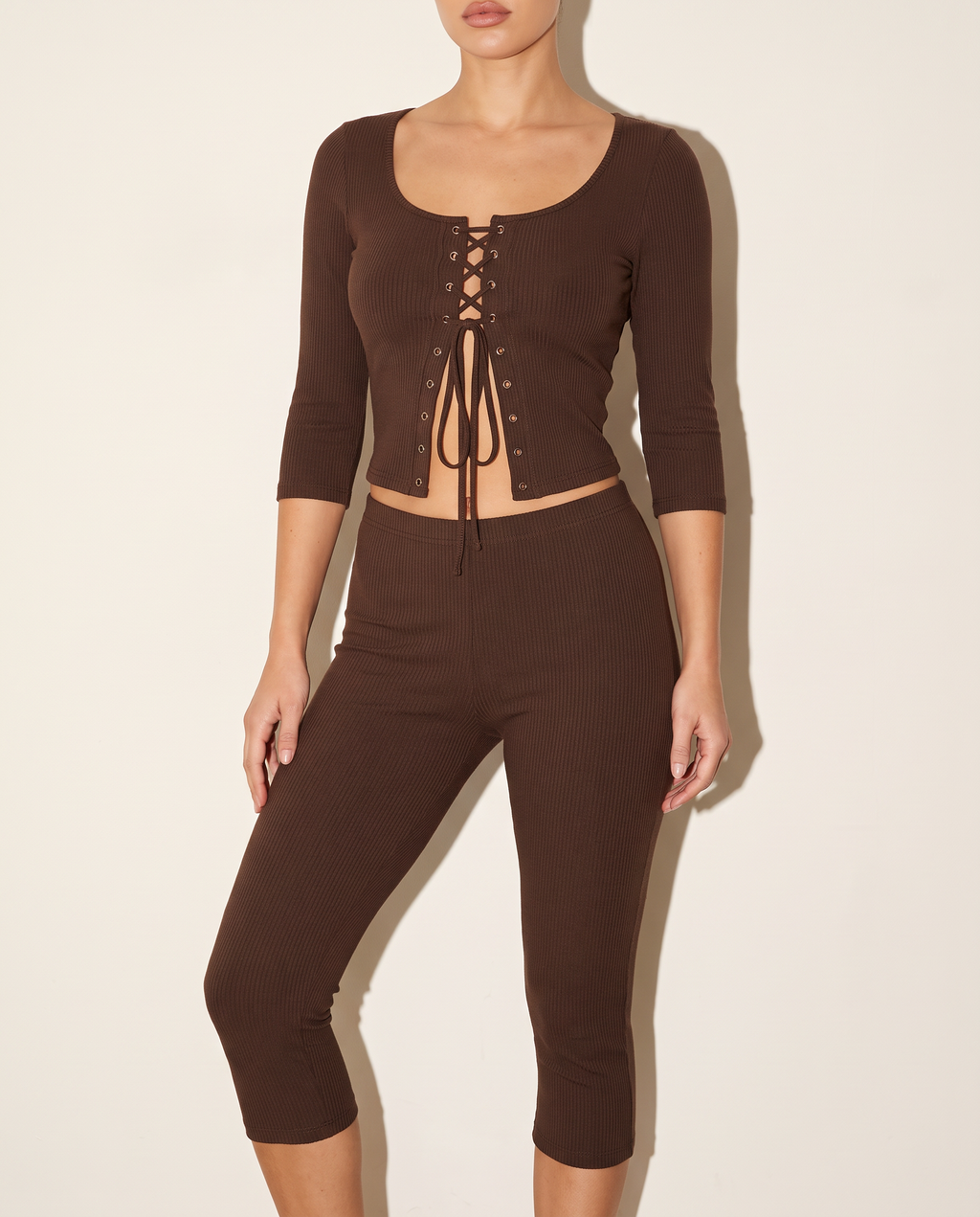 3/4 Sleeves Shoelace Closure Top & Capri Set in Brown — alternate front view