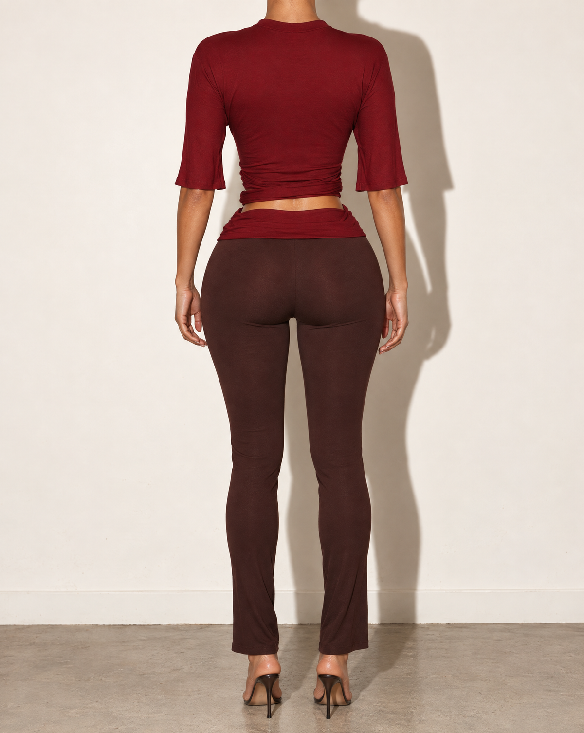 Wide Short Sleeve Top & Pants Set in BURGUNDY COMBO — back view