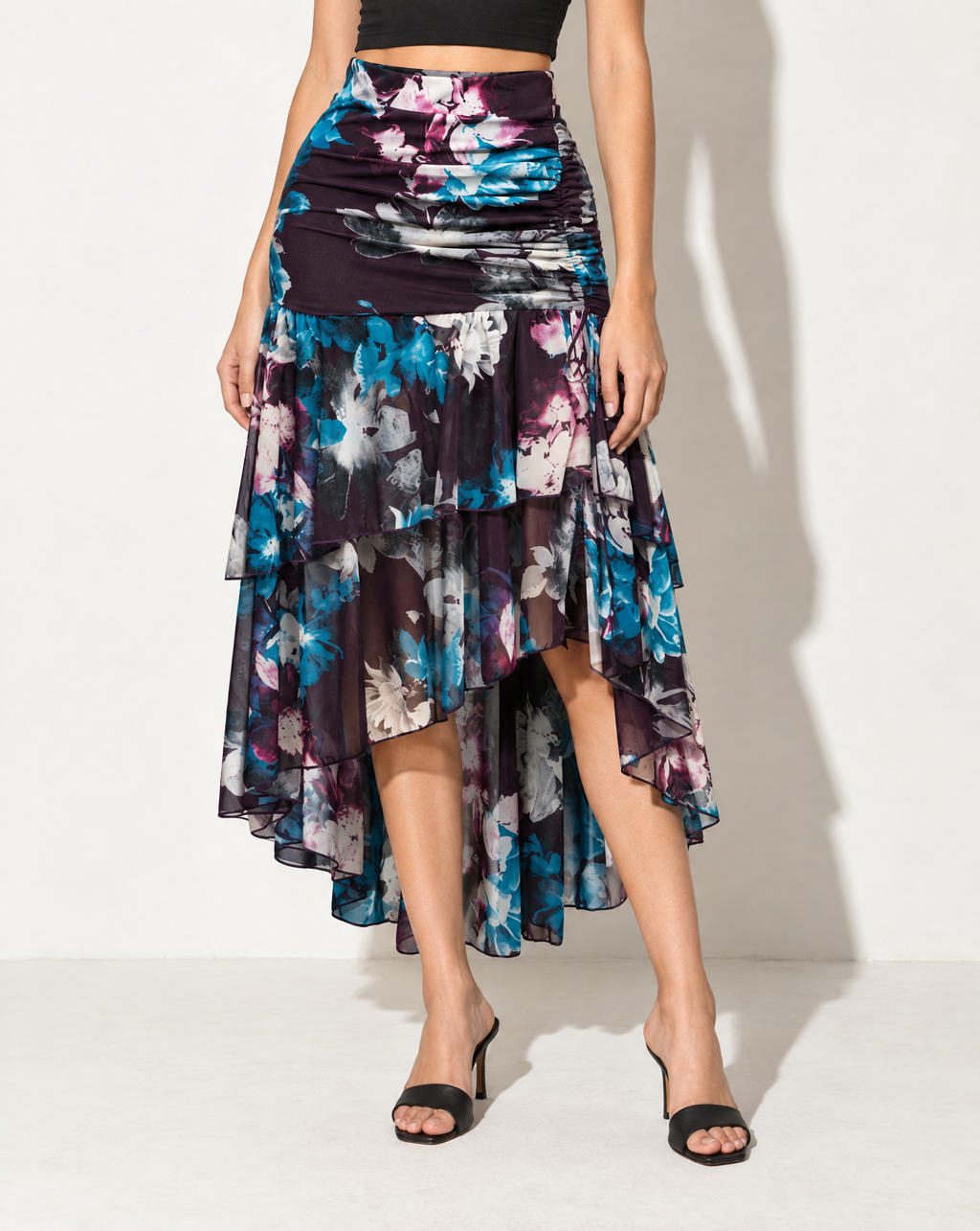 Asymmetrical Hem Floral Skirt in PURPLE COMBO — alternate front view
