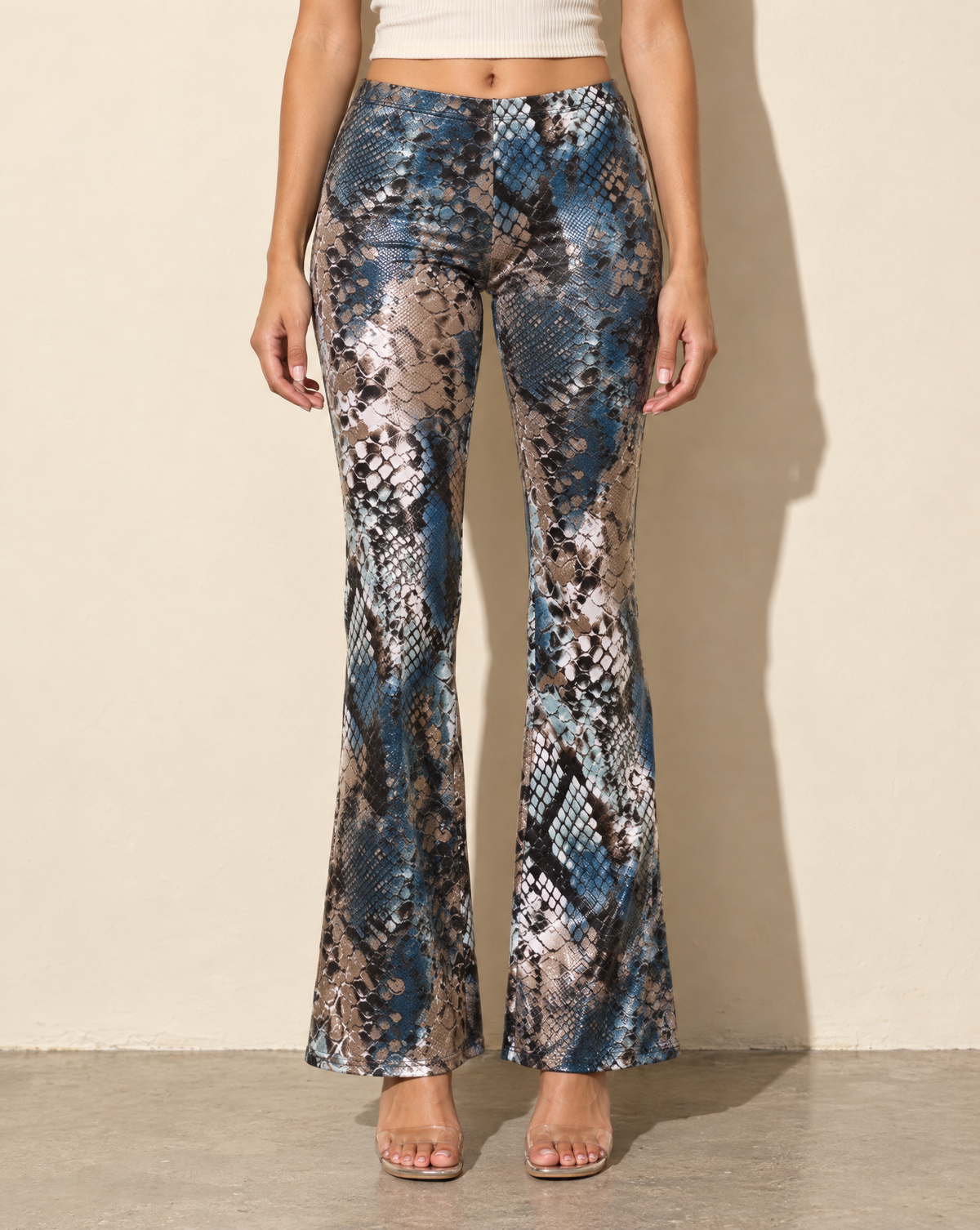 Foiled Animal Printed Slightly Flare Pants in TAUPE/TEAL — front view