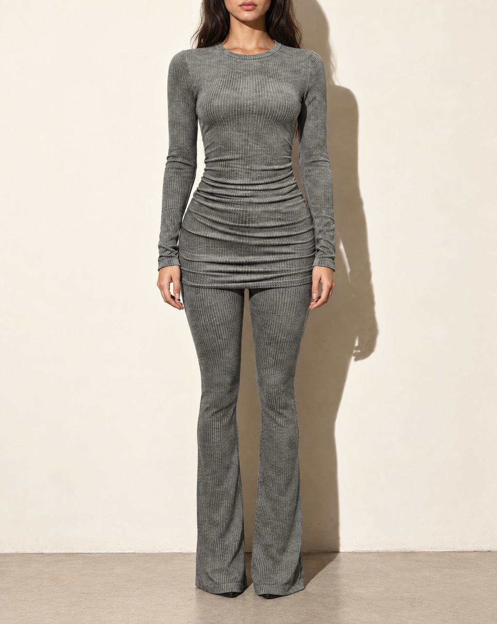Washed Rib Round Neck Long Sleeve & Pants Set in Grey — front view