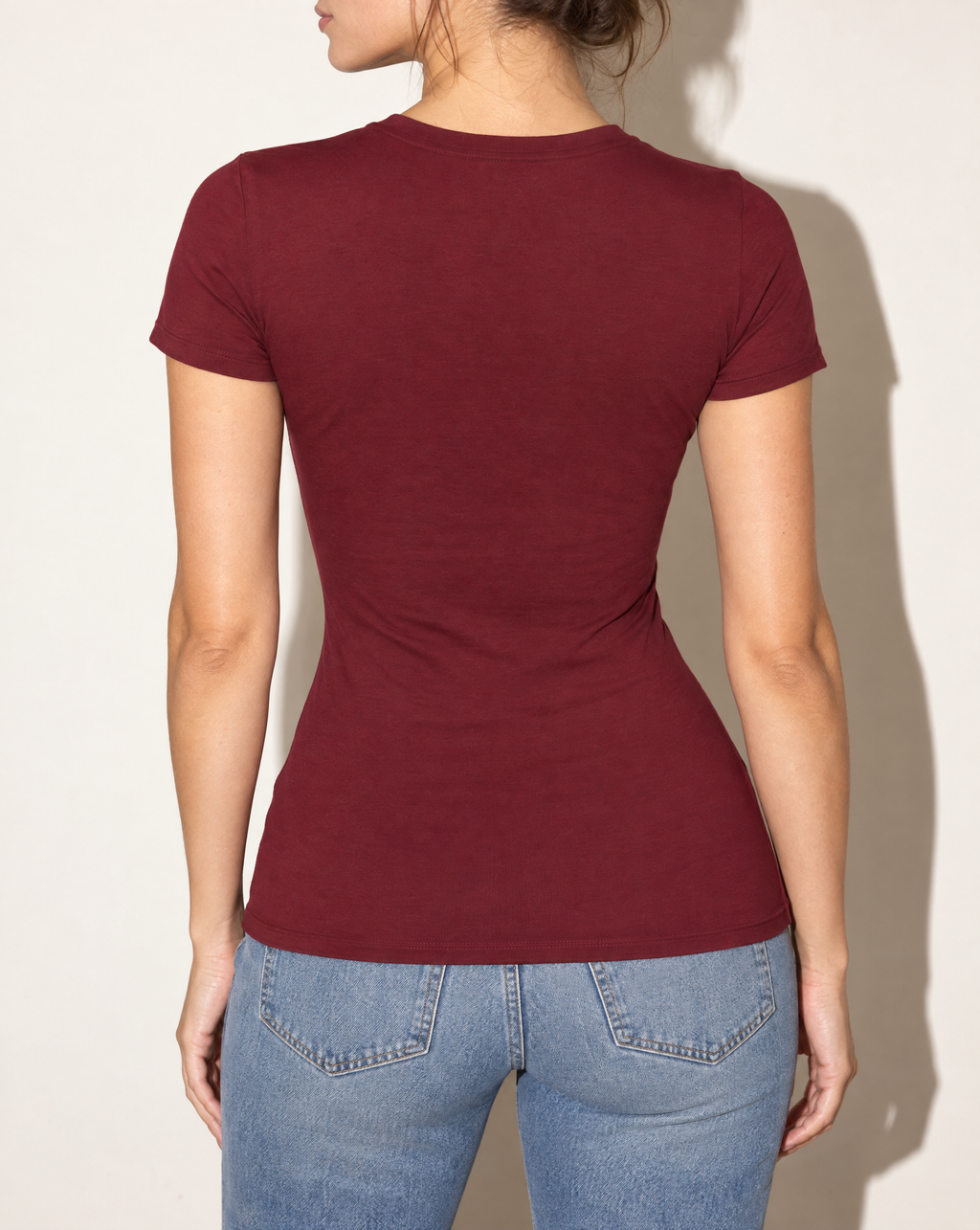 Round Neck Basic Cotton T-Shirt in Burgundy — back view