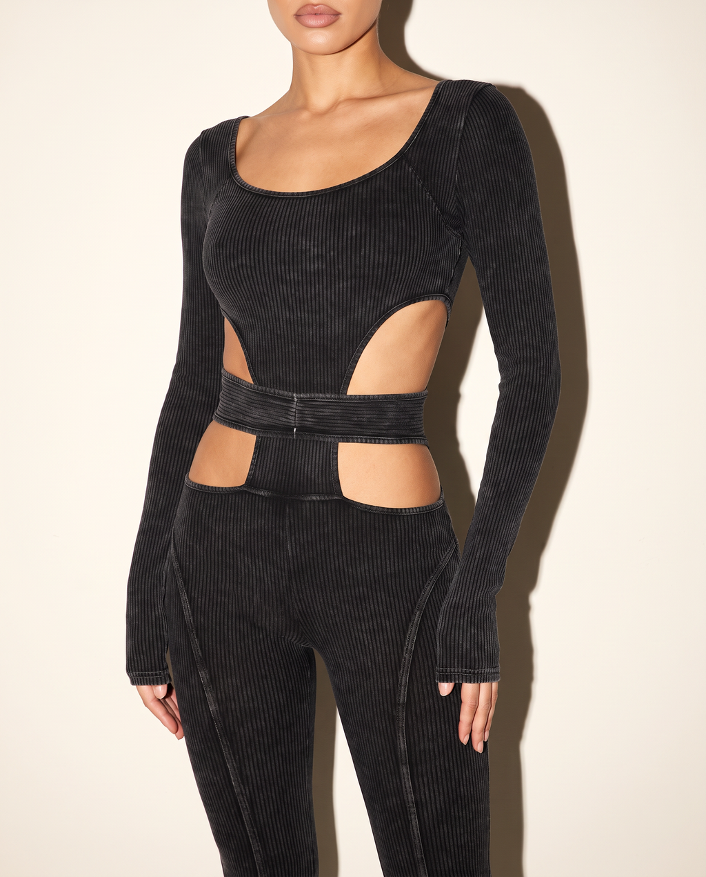Side Cut Out Mineral Washed Jumpsuit in Charcoal — alternate front view