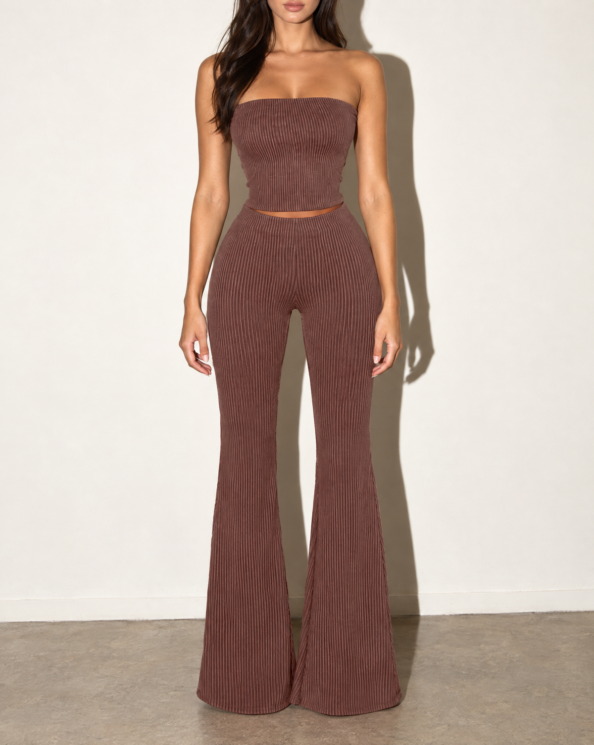 Rib Tube Top & Long Pants Set in Chocolate — front view