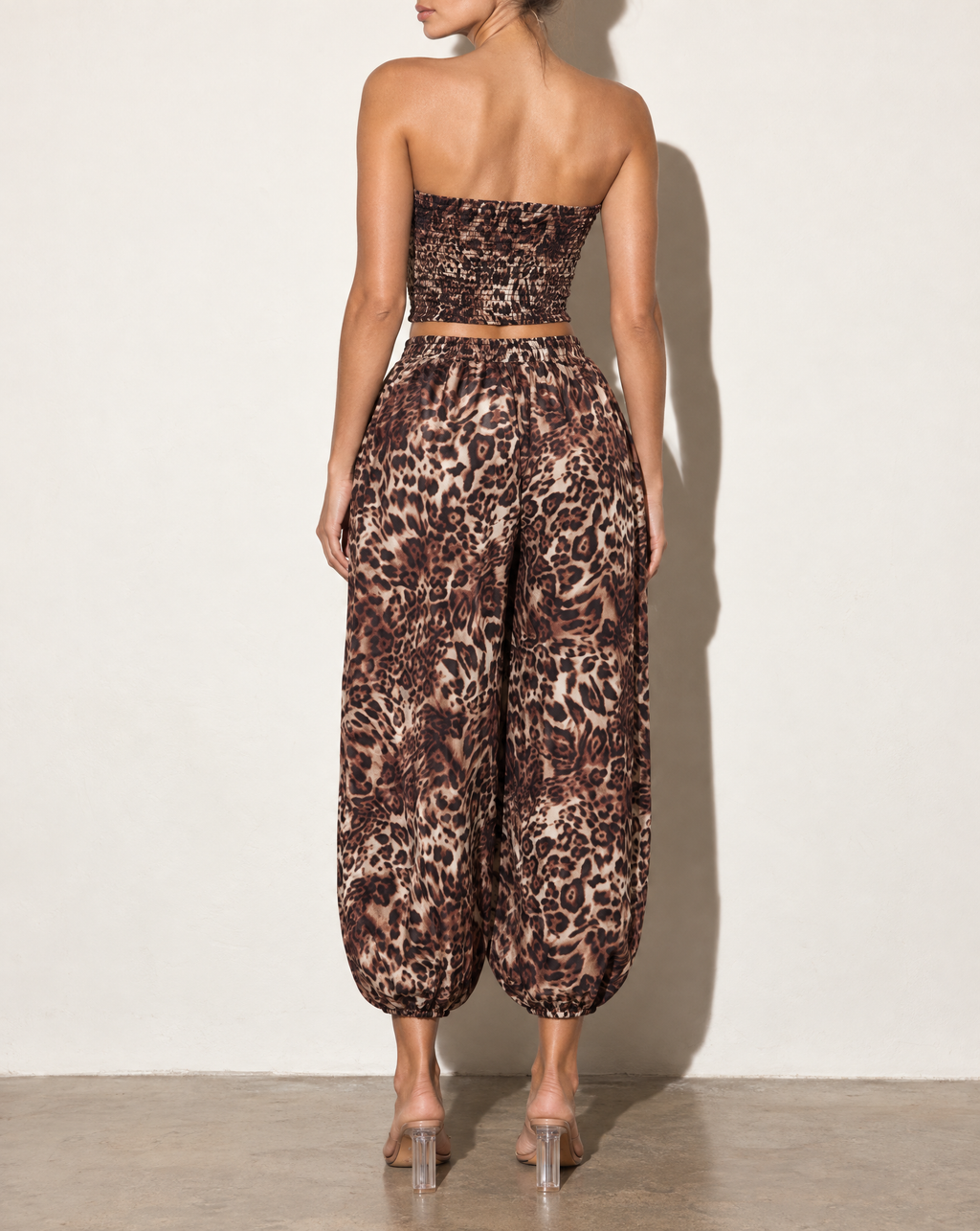Leopard Smocked Tube Top & Bell Bottom Pants Set in Leopard — back view