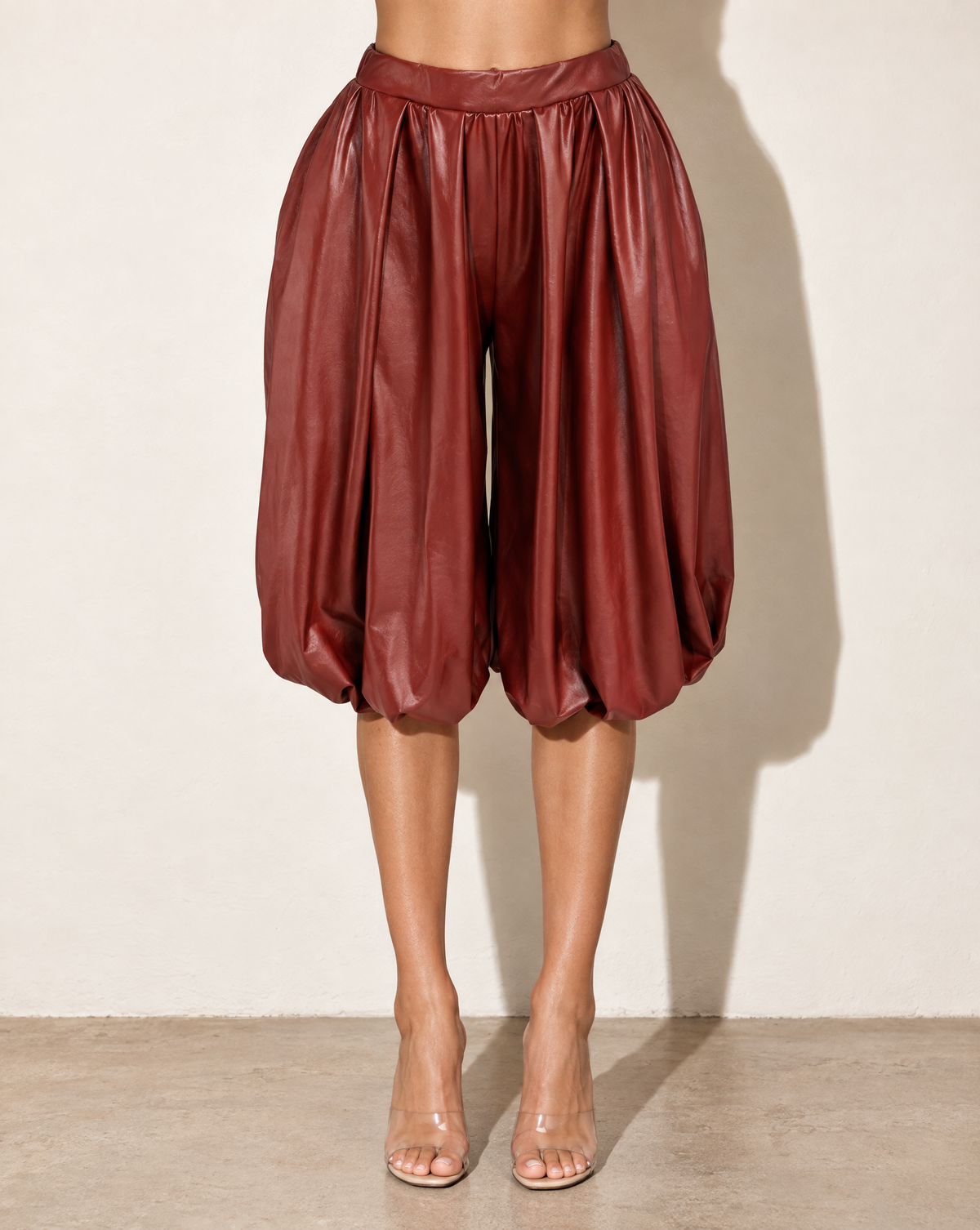 PU Bubble Capri Fashion Pants in Rust — front view