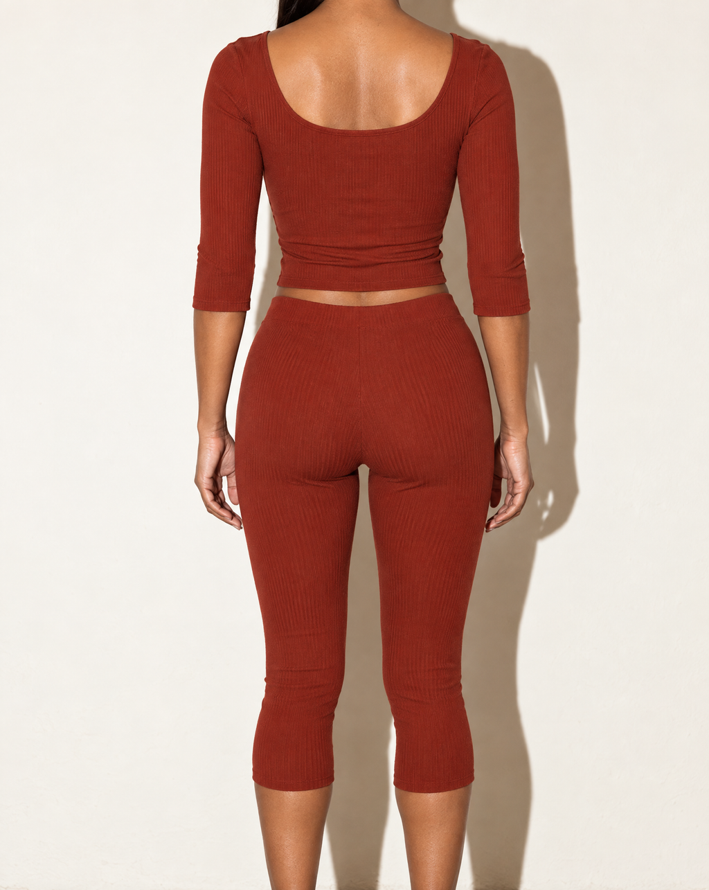 3/4 Sleeves Shoelace Closure Top & Capri Set in Rust — back view