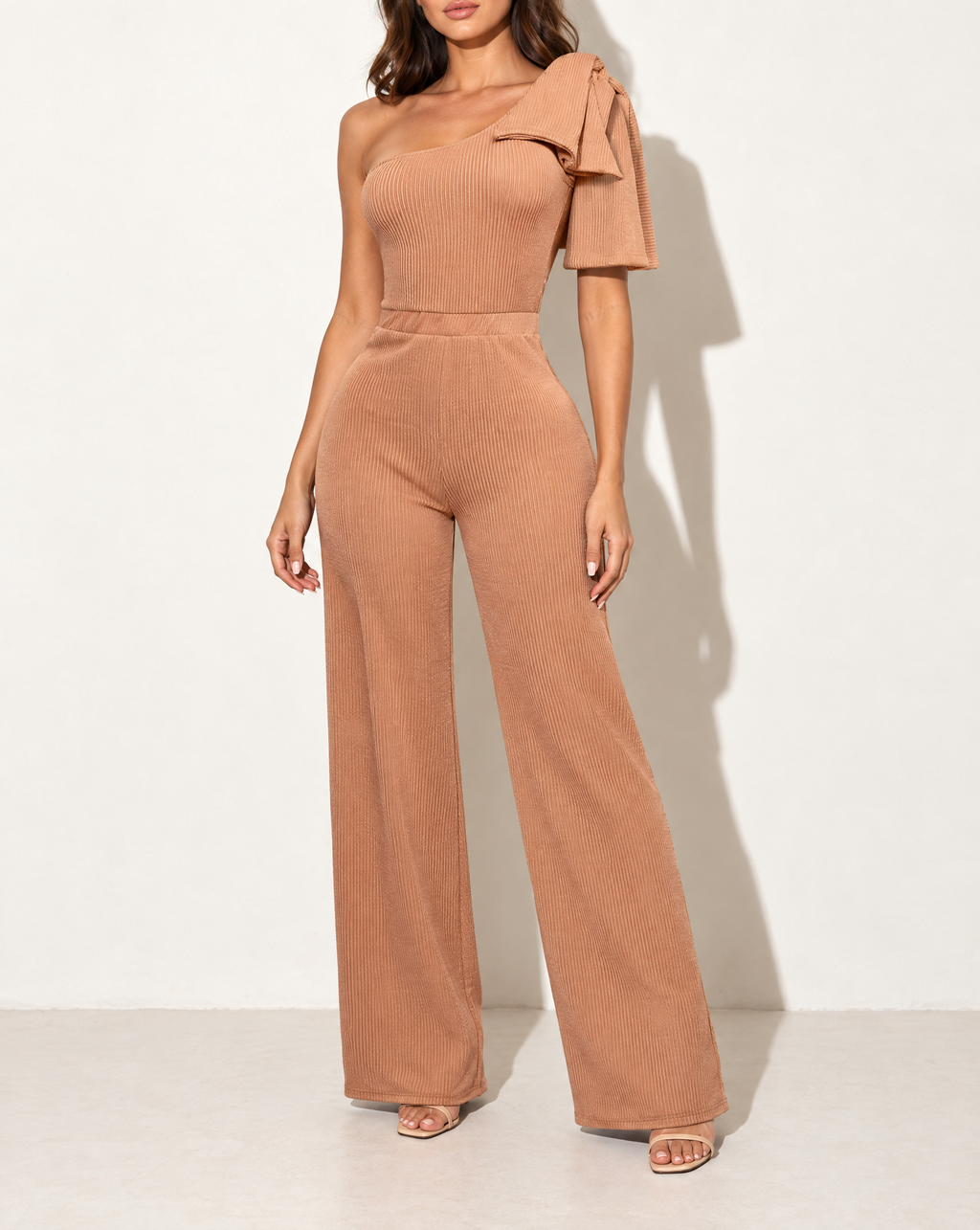 One Shoulder Bow Detailed Wide Leg Jumpsuit in CAPPUCCINO — alternate front view