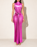 Mock Neck & Tied Waist Dress in N. FUSCHIA — front view