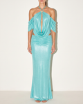 Starfish Trimmed Shimmer Cowl Neck Top With Skirt in Aqua — front view