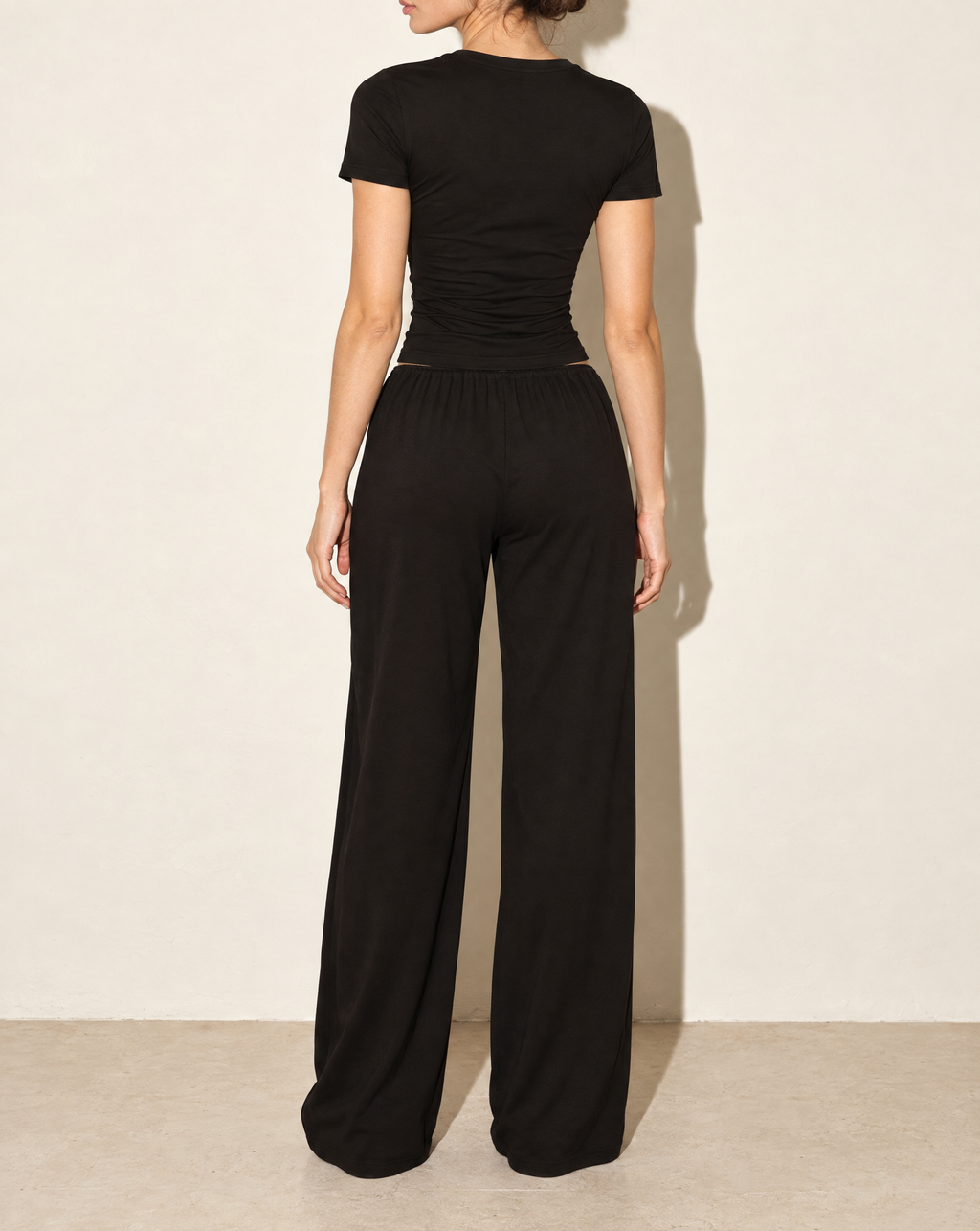 Shirring Detailed Shorts Sleeve Top & Pants Set in Black — back view