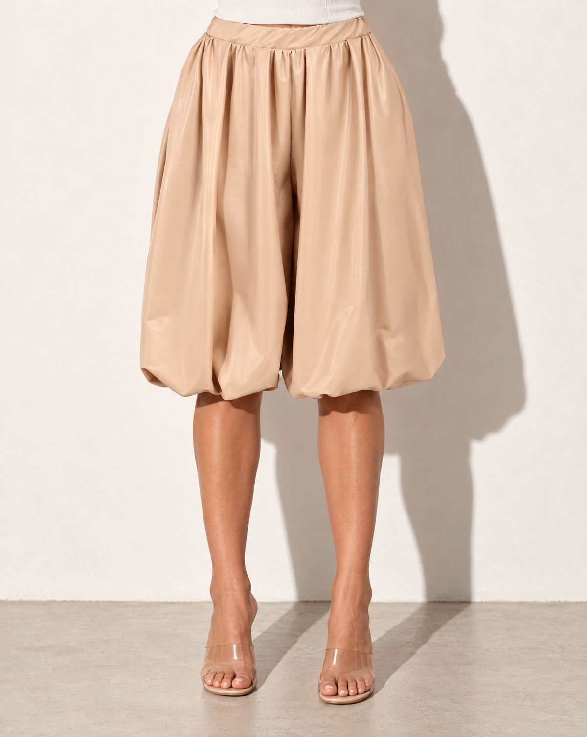 PU Bubble Capri Fashion Pants in SAND — front view