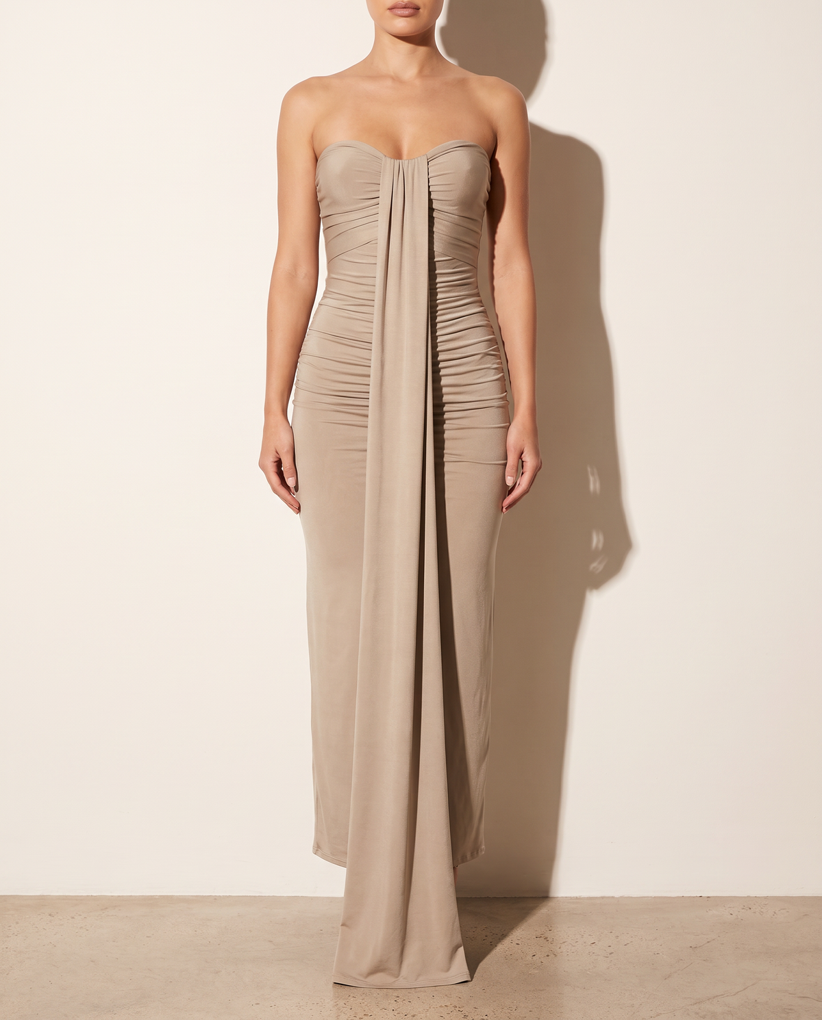 Drape Down Detailed Tube Maxi Dress in Taupe — front view