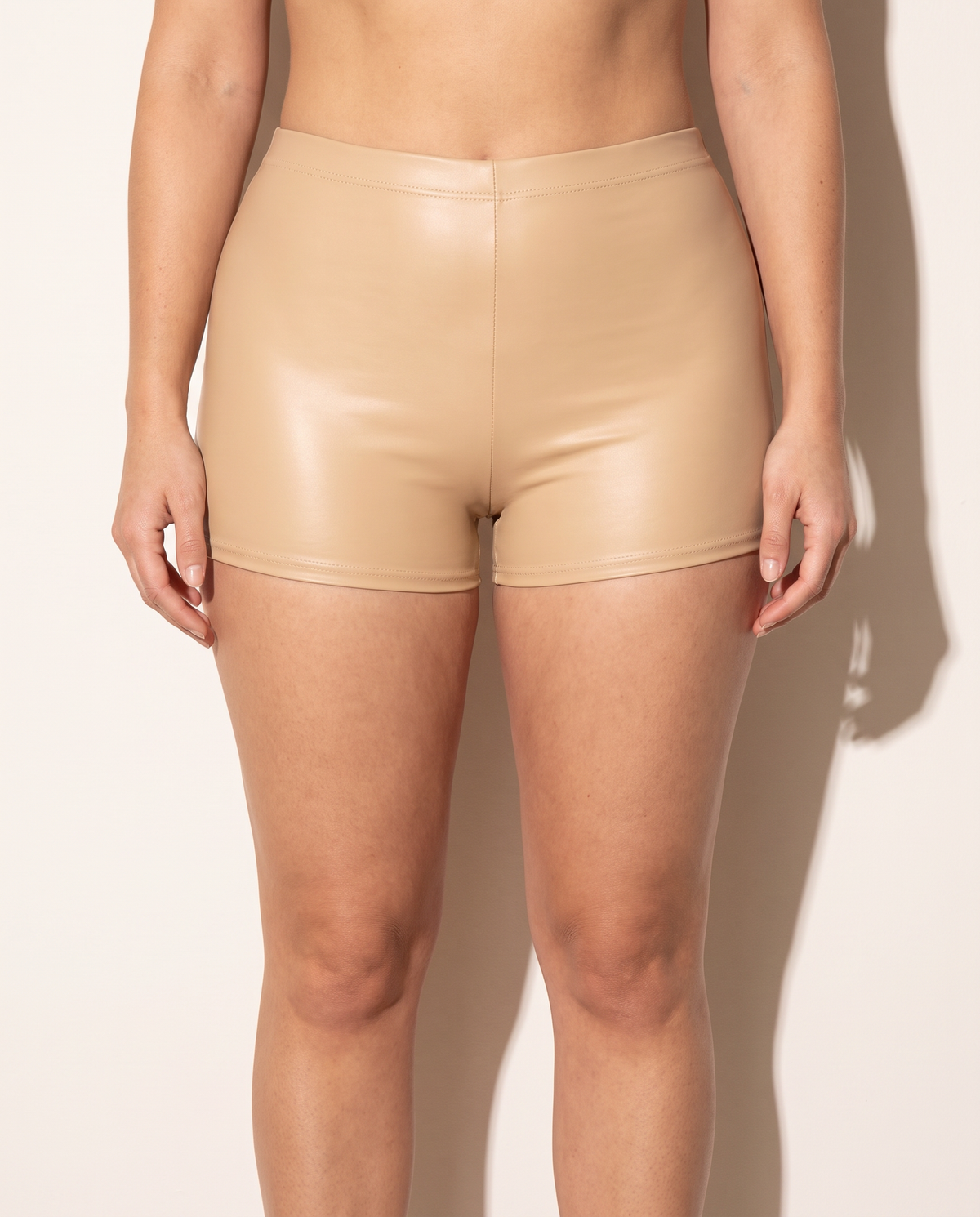 Matte PU Shorts in NUDE — front view