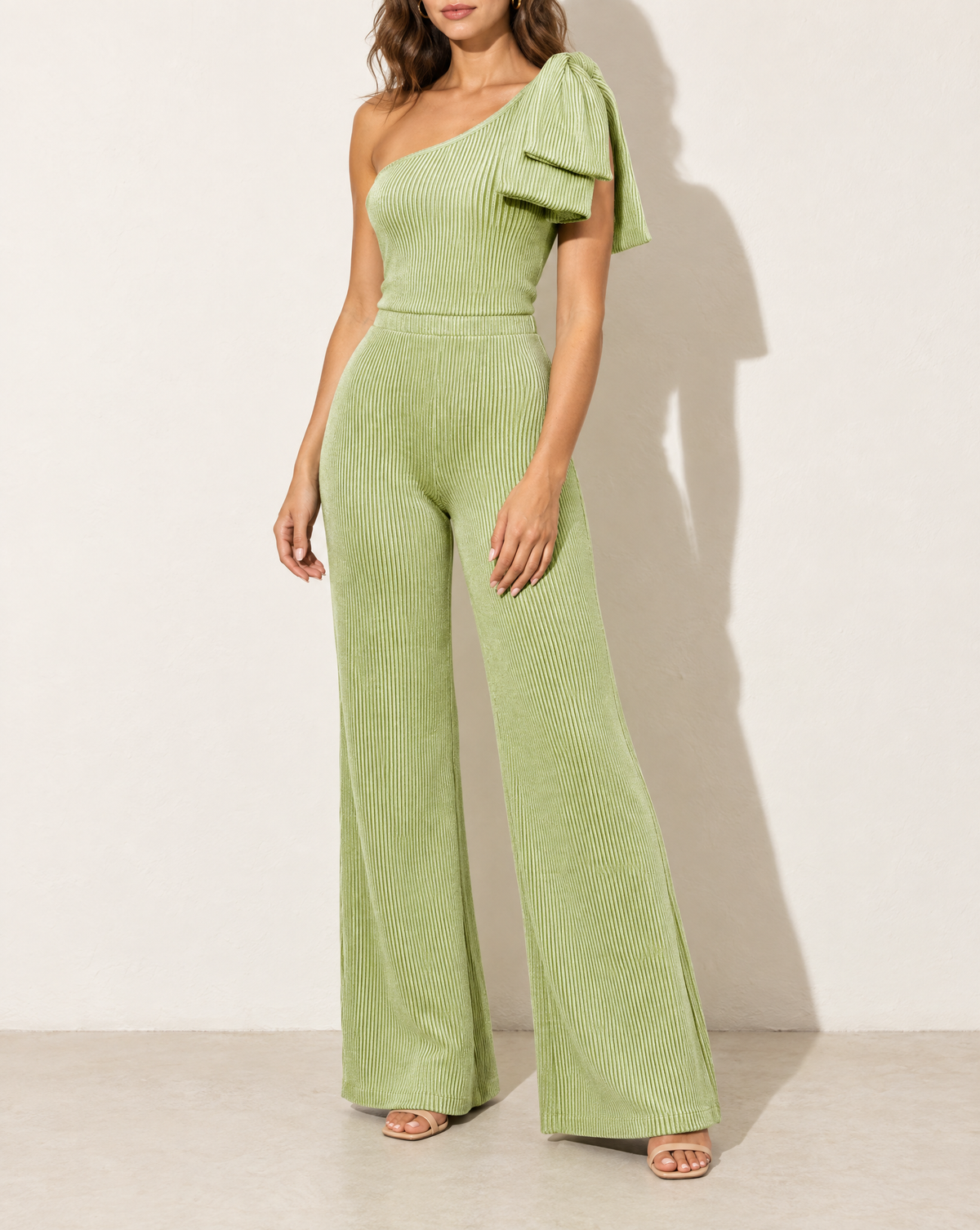 One Shoulder Bow Detailed Wide Leg Jumpsuit in CELERY — alternate front view