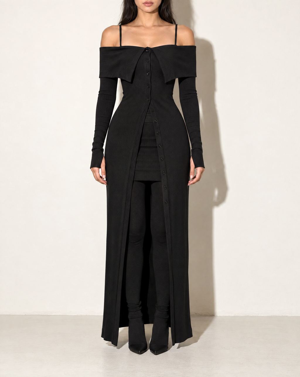 Long Length Off Shoulder Top & Skirt Leggings Set in Black — front view