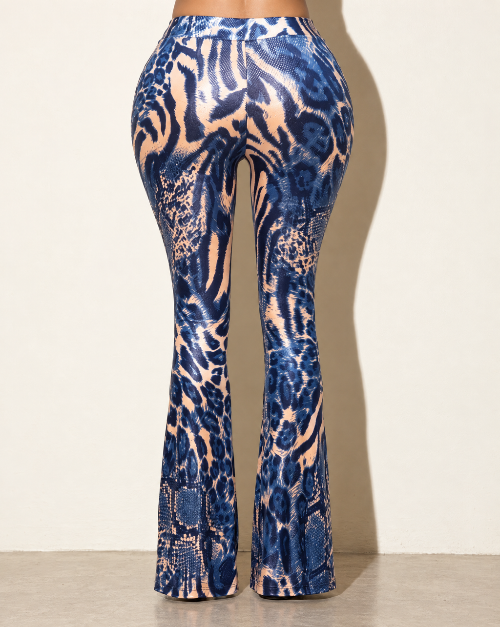 Foiled Animal Printed Slit Hem Flared Pants in PEACH/NAVY — back view